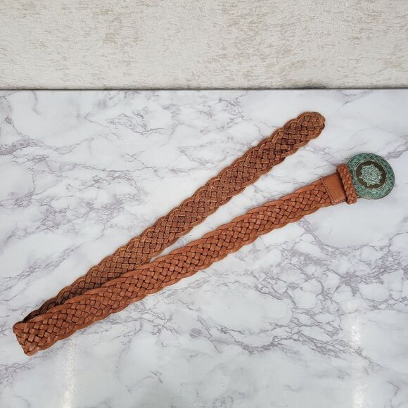 Buckle Braided Woven Tan Leather Belt with Decorative Brass Toned Buckle - Picture 11 of 14